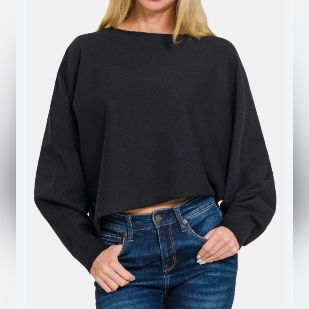 XL ZENANA Cropped Crew Neck Balloon Sleeve Pullover